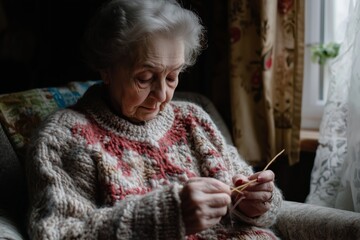 Elderly woman knitting in chair by window, wearing grey and red sweater