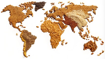 A detailed illustration of a world map made up of various grains including wheat, rice, oats, and corn, highlighting global agricultural production and trade.