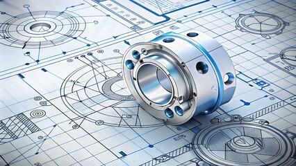 A detailed technical drawing of a intricately designed metal component, rendered in precise lines and dimensions on a white background, with blue annotations.
