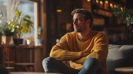 Contemplating man in yellow sweater sitting in cozy café with indoor plants. Life balance 
