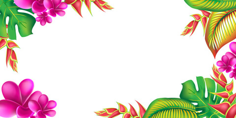 jungle flower,leaves  tropic banner design. Palm leaf, monstera, pink plumeria flower,hibiscus blossom, exotic tropical summer flowers and leaves. © Feoktistova