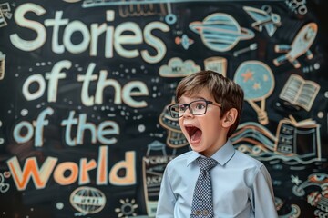 Boy in glasses and tie, standing before a chalkboard with Stories of the World in an excited pose