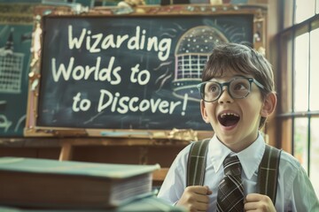 Boy in glasses and tie, wide-eyed with excitement, in front of a chalkboard that reads Wizarding Worlds to Discover!