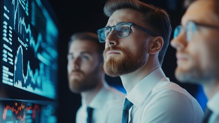 Fototapeta premium Financial Professionals Engage in Strategic Market Discussion, Analyzing Charts on Wall Display, Preparing for Market Shifts