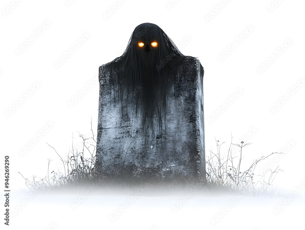 Poster spectral halloween entity hovering over weathered gravestone in gloomy graveyard setting