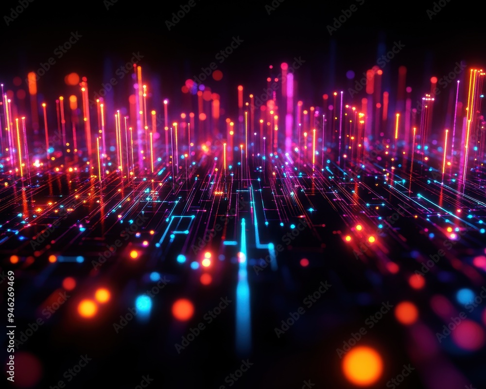 Aufkleber vivid neon lights create a futuristic cityscape with glowing lines and particles, ideal for technolo