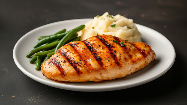 plate of tender grilled chicken breast with garlic mashed potatoes and green beans