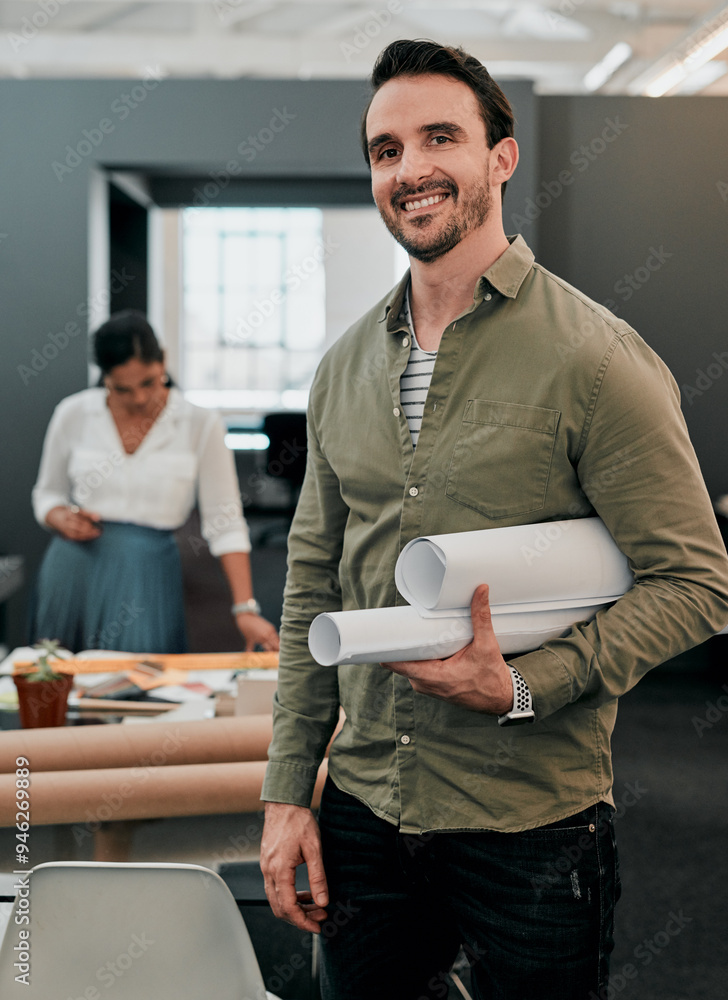 Poster blueprint, portrait and man in office for architecture, project management and confidence in develop