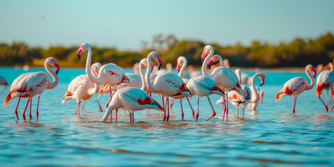 Flamboyance of flamingos gathering at a serene lagoon under bright sunlight in the early afternoon