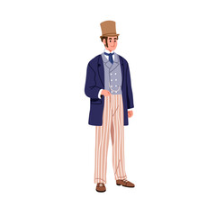 Victorian 19th century style gentleman in fashion outfit. Elegant rich English man, aristocrat dressed in top hat, waistcoat, vintage attire. Flat vector illustration isolated on white background