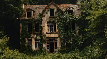 2. An abandoned mansion with broken windows and overgrown ivy