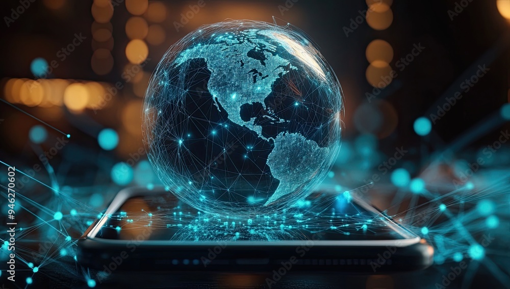 Poster a smartphone with an interactive holographic display, showing global network connections and data fl