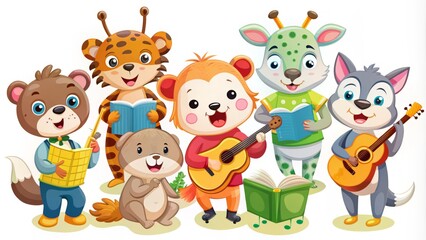 Fototapeta premium Adorable smiling cartoon animals engage in various fun activities, such as reading, painting, and playing musical instruments, in colorful whimsical vector illustrations.