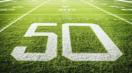 Football field with a focus on the 50-yard line, no players, ample copy space