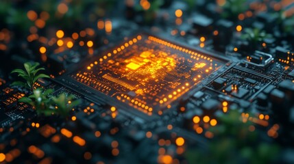 The holographic interface displays a glowing circuit board with green elements, showcasing data for monitoring ecological systems in a nighttime urban setting.