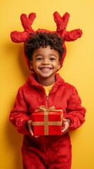 Joyful child in festive red reindeer costume holds wrapped gift, beaming with excitement against vibrant yellow background. Holiday cheer personified.