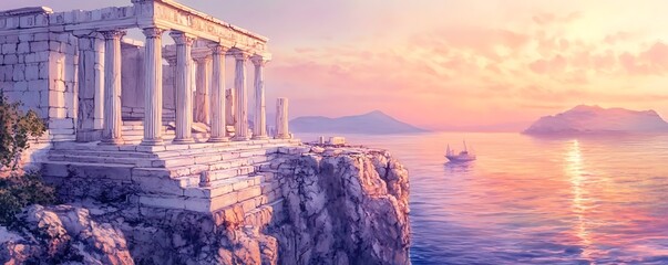 Obraz premium Dreamlike Watercolor of an Ancient Greek Temple at Sunset