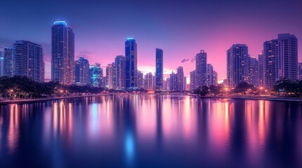 A stunning city skyline at twilight, showcasing tall buildings reflecting in serene water, illuminated by vibrant lights.
