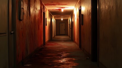 9. A blood-stained hallway with a single flickering light bulb