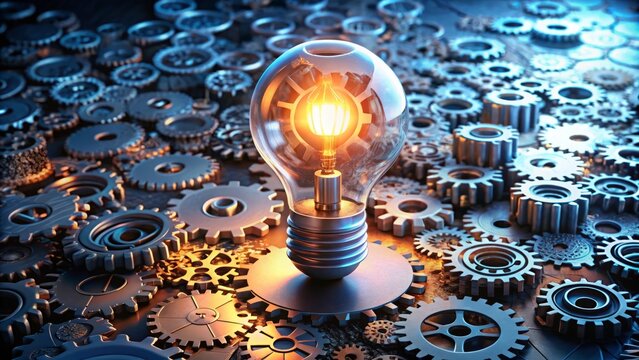 A futuristic 3D rendering of a glowing lightbulb surrounded by gears, cogs, and puzzles, symbolizing innovation and clever hiring choices in a modern digital workplace.