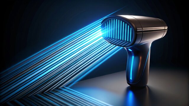 A futuristic barcode scanner emits a bright blue beam of light on a sleek black background, illuminating the digital world with precision and technology.