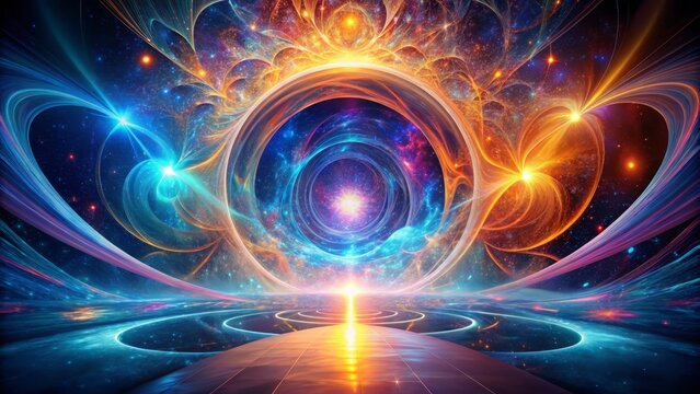 A futuristic, abstract representation of potentiality, featuring vibrant, swirling shapes and lines converging to form a glowing, ethereal portal, symbolizing limitless possibilities