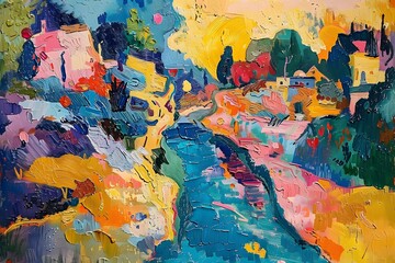 Abstract Oil Painting with Vibrant Colors and Textured Strokes.