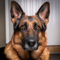A close-up portrait of a German Shepherd with intelligent brown eyes.