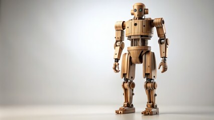 A futuristic wooden robot stands alone on a pure white isolated background, its intricate mechanical limbs and wooden body a blend of nature and technology.