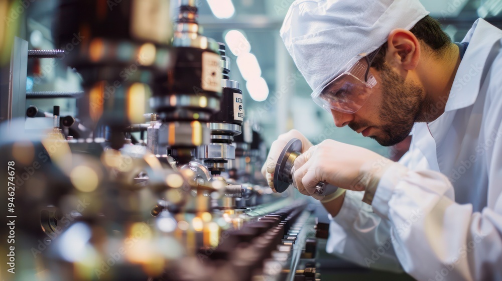 Poster a factory worker inspecting products on a production line for quality control.