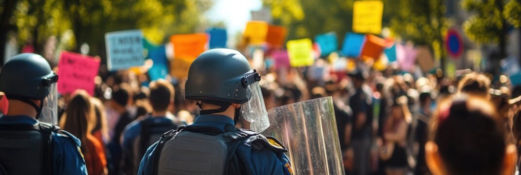 Protesters hold colorful placards advocating for rights as law enforcement stands ready with riot shields, maintaining order amid the crowd. Generative AI