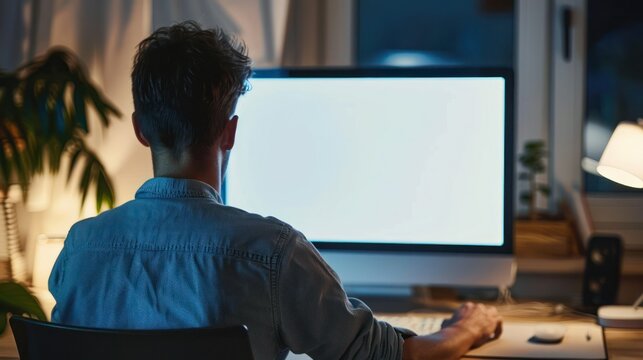 Over shoulder shot of a young man using computer in front of an blank white computer screen in home. 
