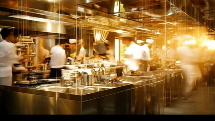 Busy chefs working on the restaurant kitchen , blurred background


