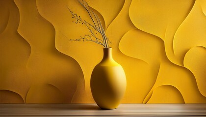 Abstract composition with textured yellow wall and floating vase.