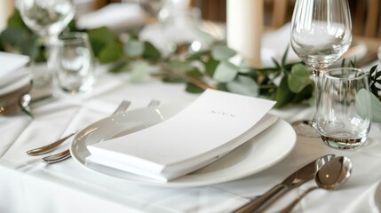 Table place setting blank menu card mockup or reserve in wedding invite and special event. 