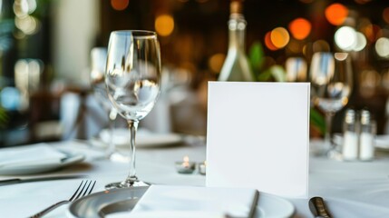 Table place setting blank menu card mockup or reserve in wedding invite and special event. 