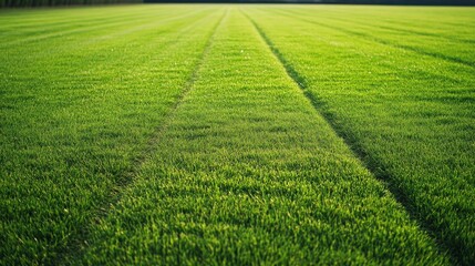 Fototapeta premium Lush green grass track, no runners, freshly marked, ample space for copy