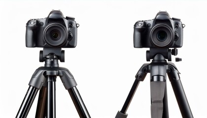 Camera on tripod isolated on a white background.