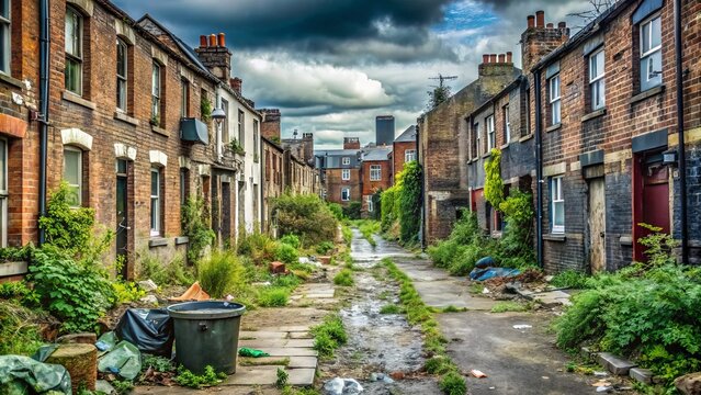 A gritty, monochromatic urban landscape of a neglected British city street, lined with crumbling buildings, littered with trash, and plagued by overgrown weeds.