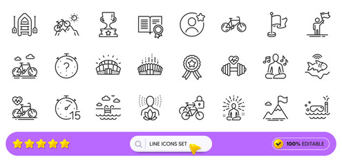 Mountain bike, Bicycle and Sports stadium line icons for web app. Pack of Yoga, Diploma, Swimming pool pictogram icons. Flag, Best friend, Bike signs. Boat, Leadership, Mountain flag. Vector