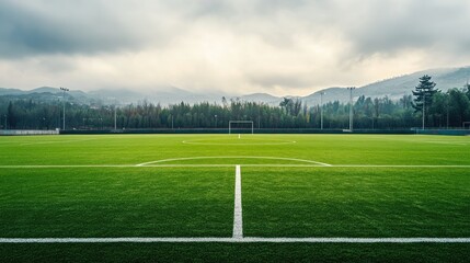 Midfield view of an empty football field, clear and open, space for text
