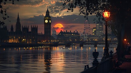 Fototapeta premium A serene sunset view over the Thames, featuring iconic London landmarks.