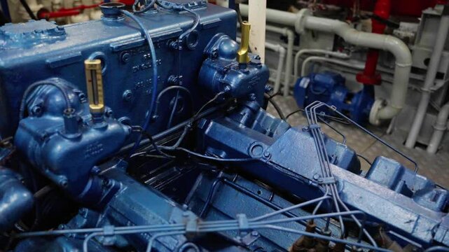 Engine of boat.The engine room of a boat with valves, vents, exhaust, pipes and plumbing