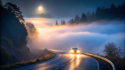 A lone car's headlights pierce through a thick veil of fog, casting an eerie glow on the deserted, winding road that vanishes into the misty darkness.