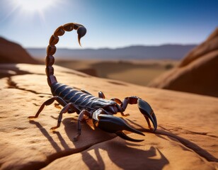 Dramatic scorpion emerging from desert crack with stinger poised.
