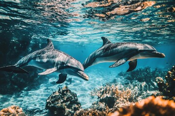 Fototapeta premium Marine animals swimming in the deep blue sea. Wild dolphins.