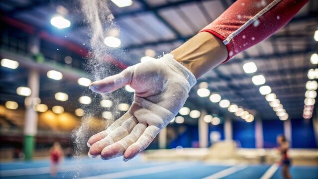 A lone gymnast's hand grasping a piece of white chalk, dusty residue visible on fingers, against a blurred background of a training facility or competition arena.