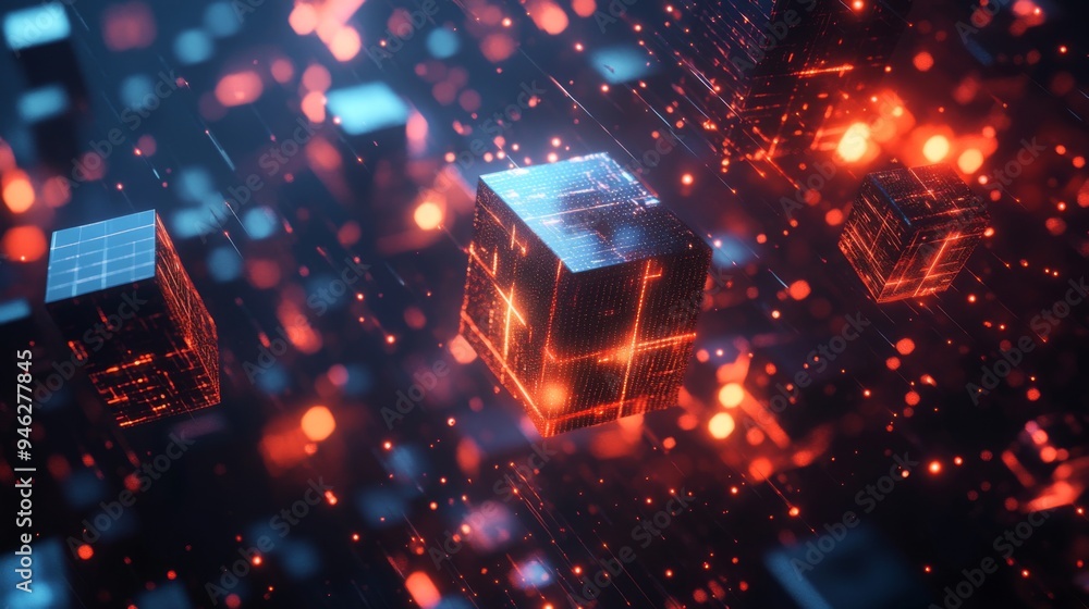 Poster abstract digital cubes with glowing edges in a futuristic space, representing technology, data, and 