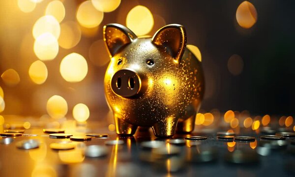 A golden piggy bank on scattered coins with a bokeh background