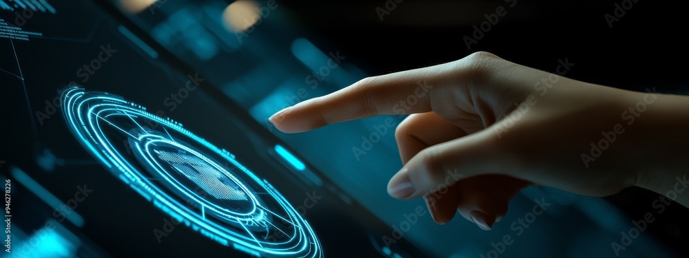Poster A woman grasping a device in the suit while using a hud interface with a Stock Machine Learning Business Internet Technology concept in the background.